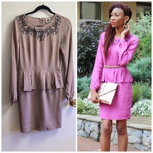 New ASOS long sleeve peplum mauve embroidered bows dress